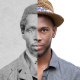 Young African American male side by side with a black and white photo of his ancestor
